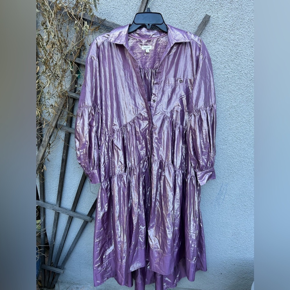 Anthropologie Pilcro Long-Sleeve V-Neck Metallic High-Low Dress in Lilac - Picture 6 of 13